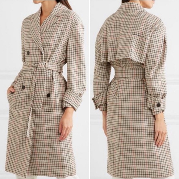 Maje Plaid Woman's Belted Trench Coat Jacket Wool Blend Sz Euro 40 US Large EUC - Picture 1 of 10